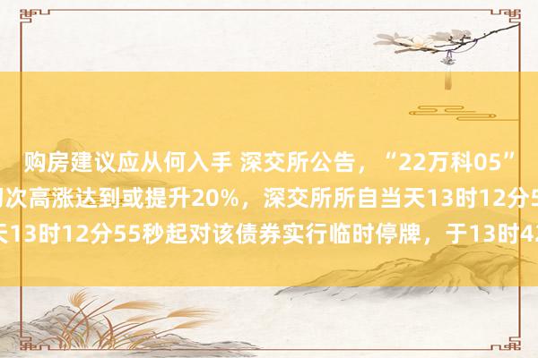 购房建议应从何入手 深交所公告，“22万科05”盘中成交价较前收盘价初次高涨达到或提升20%，深交所所自当天13时12分55秒起对该债券实行临时停牌，于13时42分56秒复牌