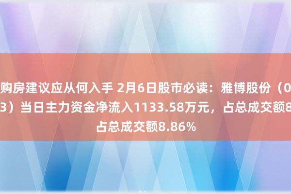 购房建议应从何入手 2月6日股市必读：雅博股份（002323）当日主力资金净流入1133.58万元，占总成交额8.86%